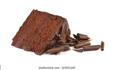 Chocolate cake slice with curl on white background - Shutterstock ID 321952169