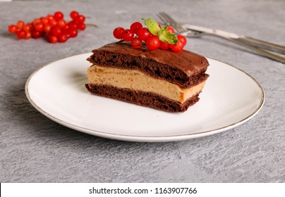 Chocolate cake slice with red currants, decored mint, close up, horizontal