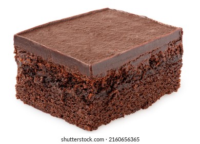 Chocolate Cake Square With Chocolate Icing Isolated On White.