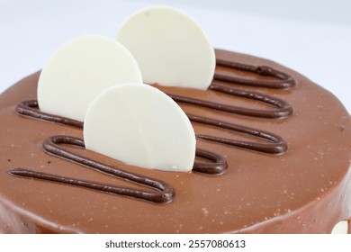 Chocolate cake with white chocolate discs and drizzle. - Powered by Shutterstock