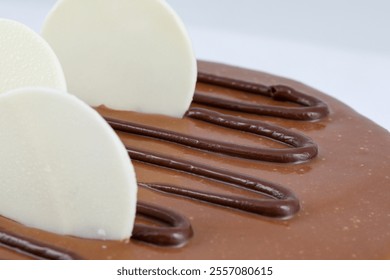 Chocolate cake with white chocolate discs and drizzle. - Powered by Shutterstock