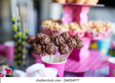 Chocolate Cakepops On Holiday Dessert Table At Kid Birthday Party