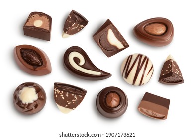 Chocolate Candy Isolated On White Background With Clipping Path And Full Depth Of Field. Top View. Flat Lay. Set Or Collection