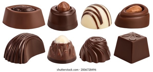 Chocolate candy isolated on white background with full depth of field, Set or collection