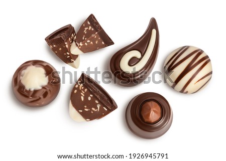 Chocolate candy isolated on white background with clipping path and full depth of field. Top view. Flat lay.