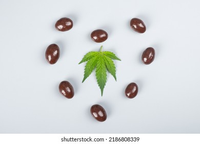 Chocolate Candy With Thc And Heart With Green Leaf ,cannabis Recreational Sweet Drugs.