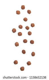 Chocolate Cereal Balls Falling Isolated On White Background.