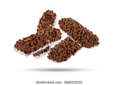 Chocolate Cereal Bar Falling In The Air Isolated On White Background.