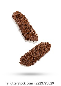 Chocolate Cereal Bar Falling In The Air Isolated On White Background.