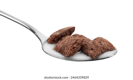 Chocolate cereal pads and milk in spoon isolated on white - Powered by Shutterstock