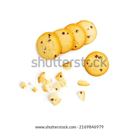 Chocolate chip biscuits isolated. Golden butter cookies with dark chocolate chips, vanilla shortbread, round soft cookies top view