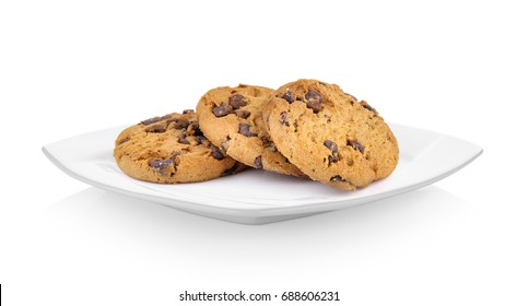 Chocolate Chip Cookie In Ceramic White Plate On White Background