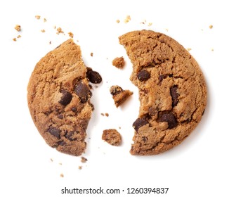 Chocolate Chip Cookie With Crumbs Isolated On White Background.
