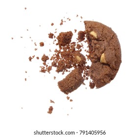 Chocolate Chip Cookie With Crumbs Isolated On White Background. Top View