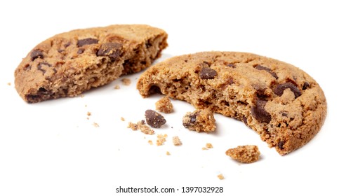 Chocolate Chip Cookie With Crumbs And Pieces  Isolated On White Background. Crushed Cookies