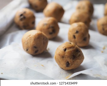 Chocolate Chip Cookie Dough Balls On Baking Tray