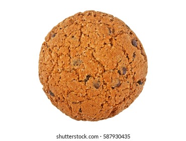 Chocolate chip cookie isolated on white background, top view.