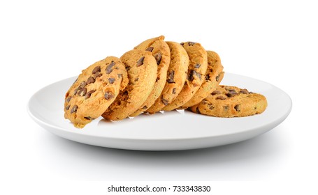 Chocolate Chip Cookie In A Plate Isolated On A White Background