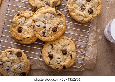 Chocolate chip cookies with flaky salt on a cooling rack, homemade freshly baked cookies - Powered by Shutterstock