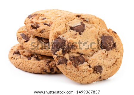 Chocolate chip cookies isolated on white background, Homemad cookies close up.