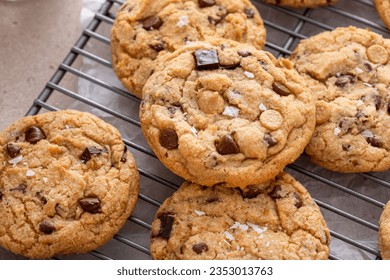 Chocolate chip cookies on a cooling rack with flaky salt served with cold milk close up shot - Powered by Shutterstock