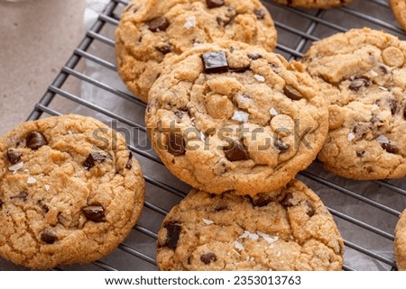 Chocolate chip cookies on a cooling rack with flaky salt served with cold milk close up shot