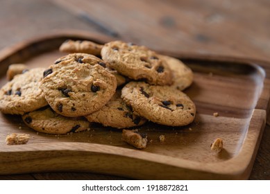 Chocolate Chip Cookies From Oven As Homemade In Teatime On Wooden Plate