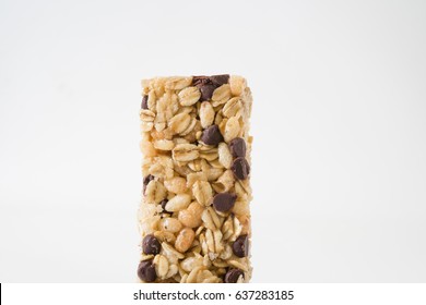 Chocolate Chip Granola Bar On White Background.