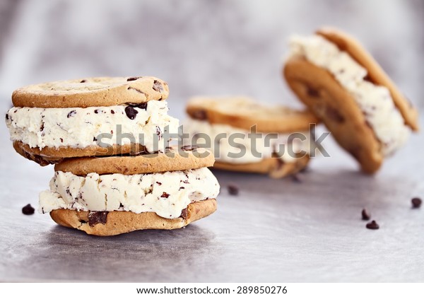 Chocolate chip ice cream cookies with extreme\
shallow depth of\
field.