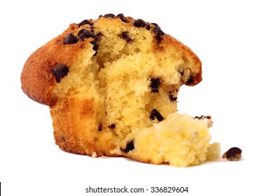 Chocolate Chip Muffin Cup Cake Half Bitten With Crumbs Isolated On White Background