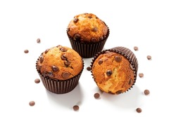 Chocolate Chip Muffins Isolated On White Background.	