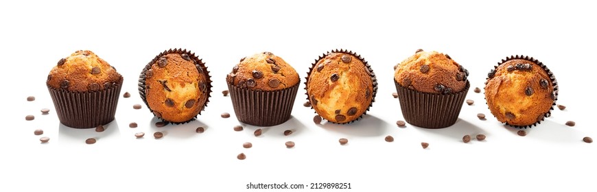 Chocolate chip muffins isolated on white background. 
