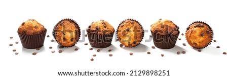Chocolate chip muffins isolated on white background. 
