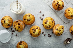 Chocolate Chip Muffins With Milk Overhead View