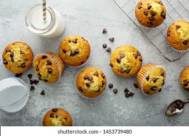 Chocolate Chip Muffins With Milk Overhead View