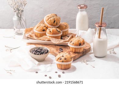 Chocolate chip muffins with milk served on glass bottles on white kitchen countertop.
