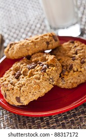 Chocolate Chip Oatmeal Cookies And A Glass Of Milk