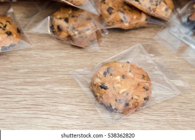 Chocolate Chips Cookies In Plastic Wrap Packaging.