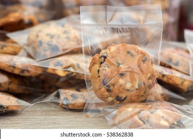 Chocolate Chips Cookies In Plastic Wrap Packaging.