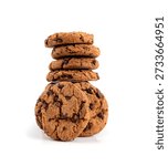 Chocolate chips cookies stack isolated, American biscuits, cocoa confectionery cake, sweet morsels bakery, round pastry on white background