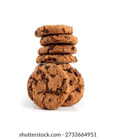 Chocolate chips cookies stack isolated, American biscuits, cocoa confectionery cake, sweet morsels bakery, round pastry on white background
