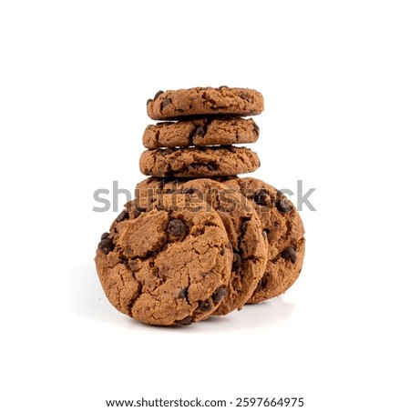 Chocolate chips cookies stack isolated, American biscuits, cocoa confectionery cake, sweet morsels bakery, round pastry on white background
