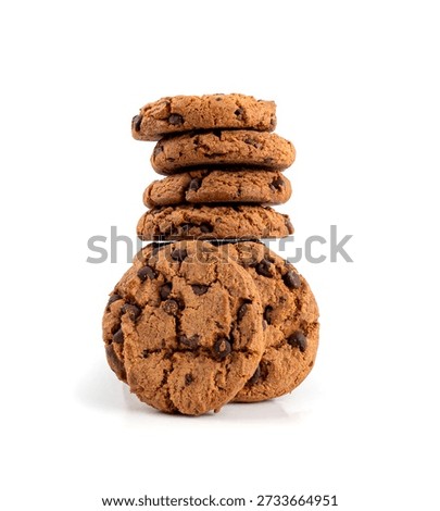 Chocolate chips cookies stack isolated, American biscuits, cocoa confectionery cake, sweet morsels bakery, round pastry on white background