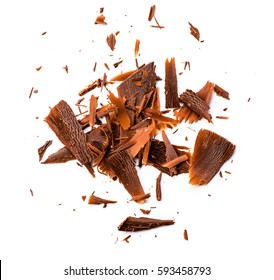 Chocolate Chips And Curls On White Background. Top View.