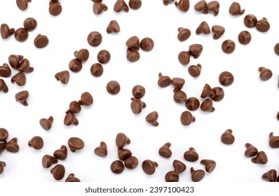 Chocolate Chips Isolated, Scattered Chocolate Sprinkles, Decorative Cocoa Drops, Morsels, Cookie Decoration Ingredient, Small Confectionery Chip Pieces on White Background - Powered by Shutterstock