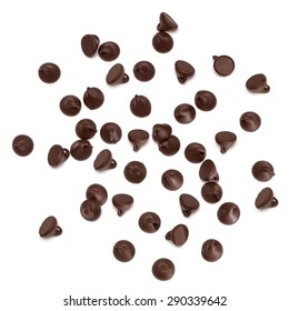 Chocolate chips morsels or drops spread from top view isolated on white background