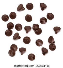 Chocolate chips morsels or drops spread from top view isolated on white background from top - Shutterstock ID 292831418