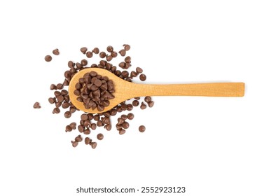 Chocolate Chips in Wood Spoon Isolated, Scattered Chocolate Sprinkles, Decorative Cocoa Drops, Morsels, Cookie Decoration Ingredient, Small Confectionery Chip Pieces on White Background - Powered by Shutterstock