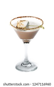 Chocolate Cocktail With Marshmallow Vodka Garnished With A Gram Cracker Rim And A Toasted Marshmallow