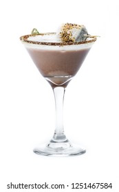 Chocolate Cocktail With Marshmallow Vodka Garnished With A Gram Cracker Rim And A Toasted Marshmallow